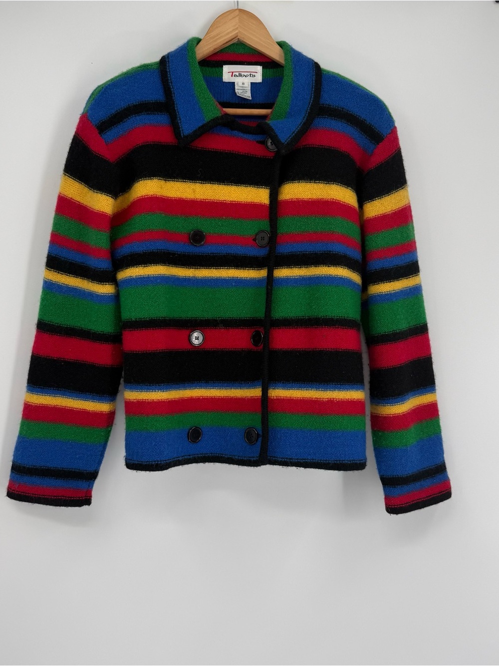Vintage Talbots Womens Small Wool Striped Cardigan Sweater Rainbow button - Picture 10 of 10